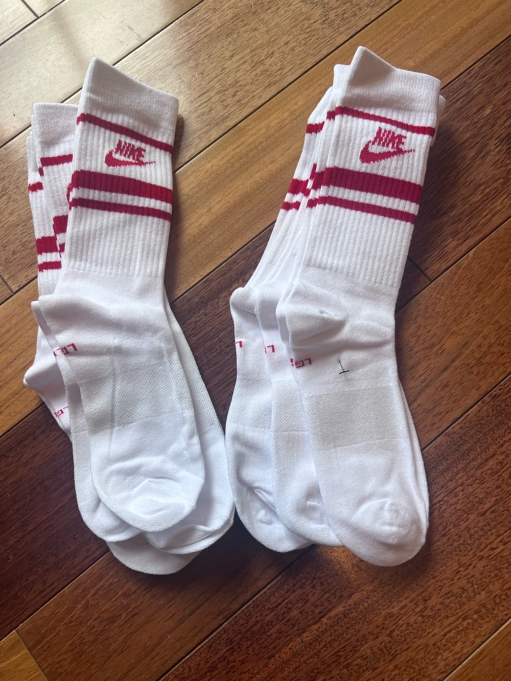 Nike women White Crew Socks with Red Stripes - TWO 3-Pack (6 socks)